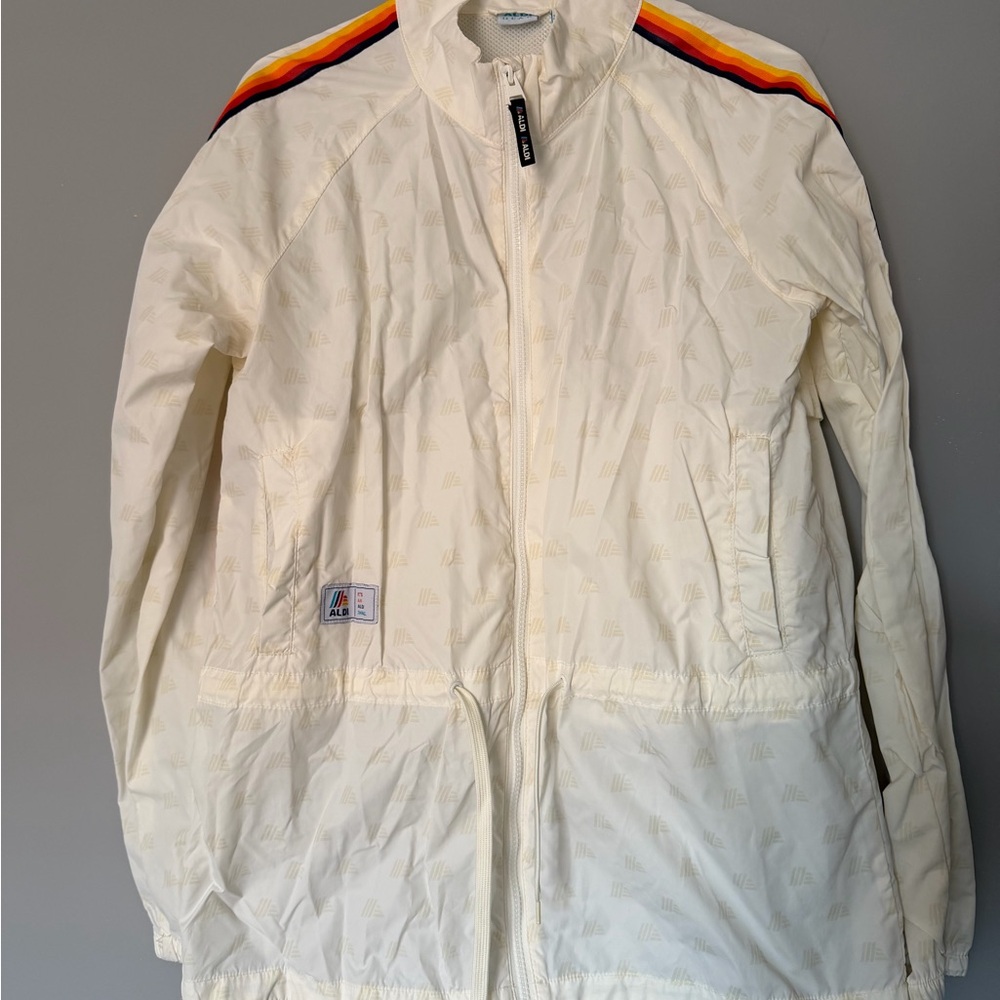 Aldi White Windbreaker with Retro Rainbow Shoulder Stripes